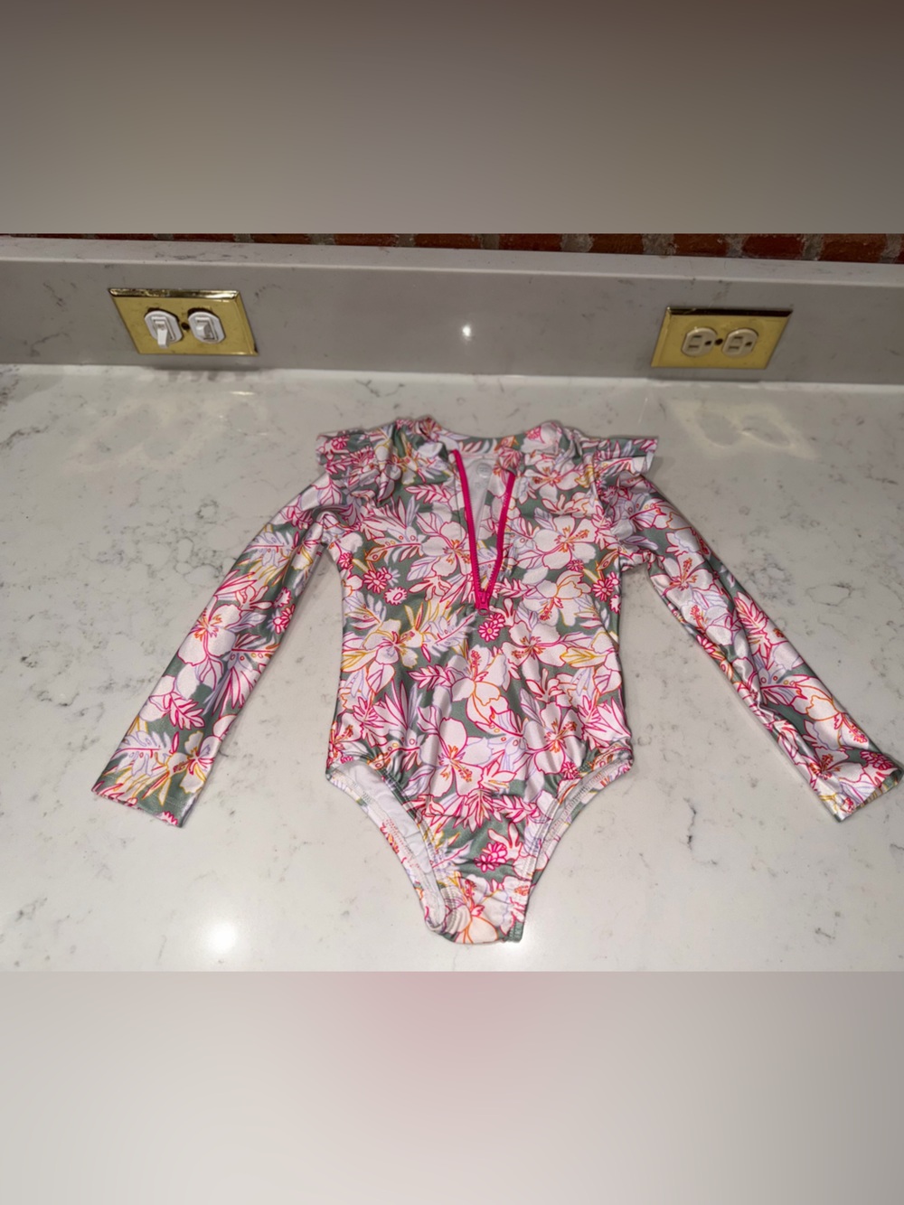 wonder nation Floral Long-Sleeve One-Piece Swimsuit - Pink & Gray